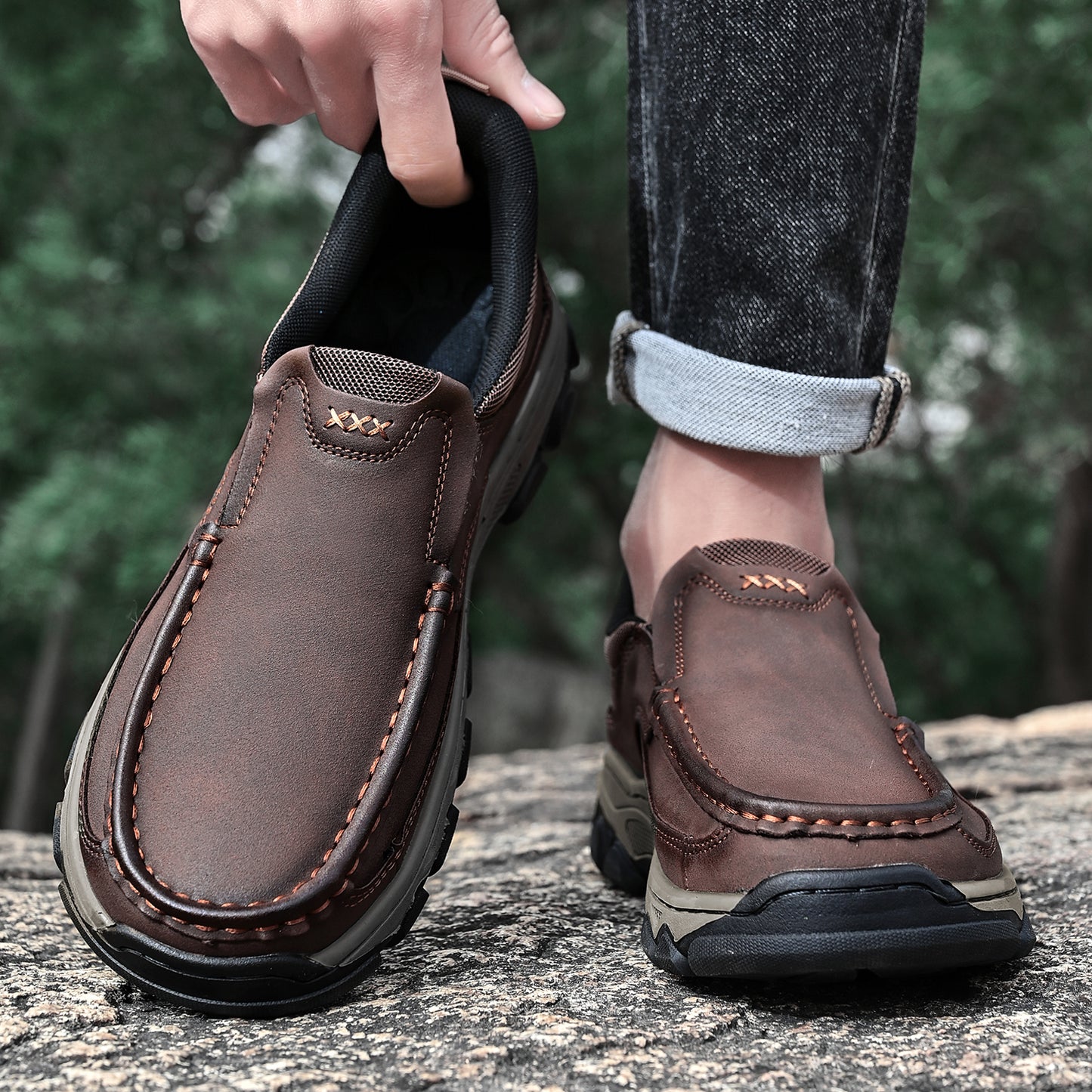 Mostelo® Mens Slip On Casual Outdoor Leather Walking Hiking Shoes V3689