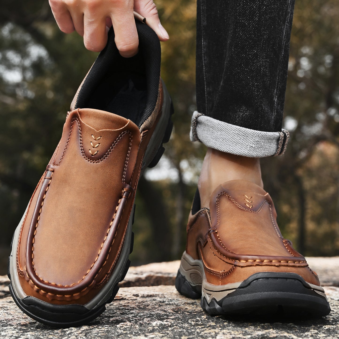 Mostelo® Mens Slip On Casual Outdoor Leather Walking Hiking Shoes V3688