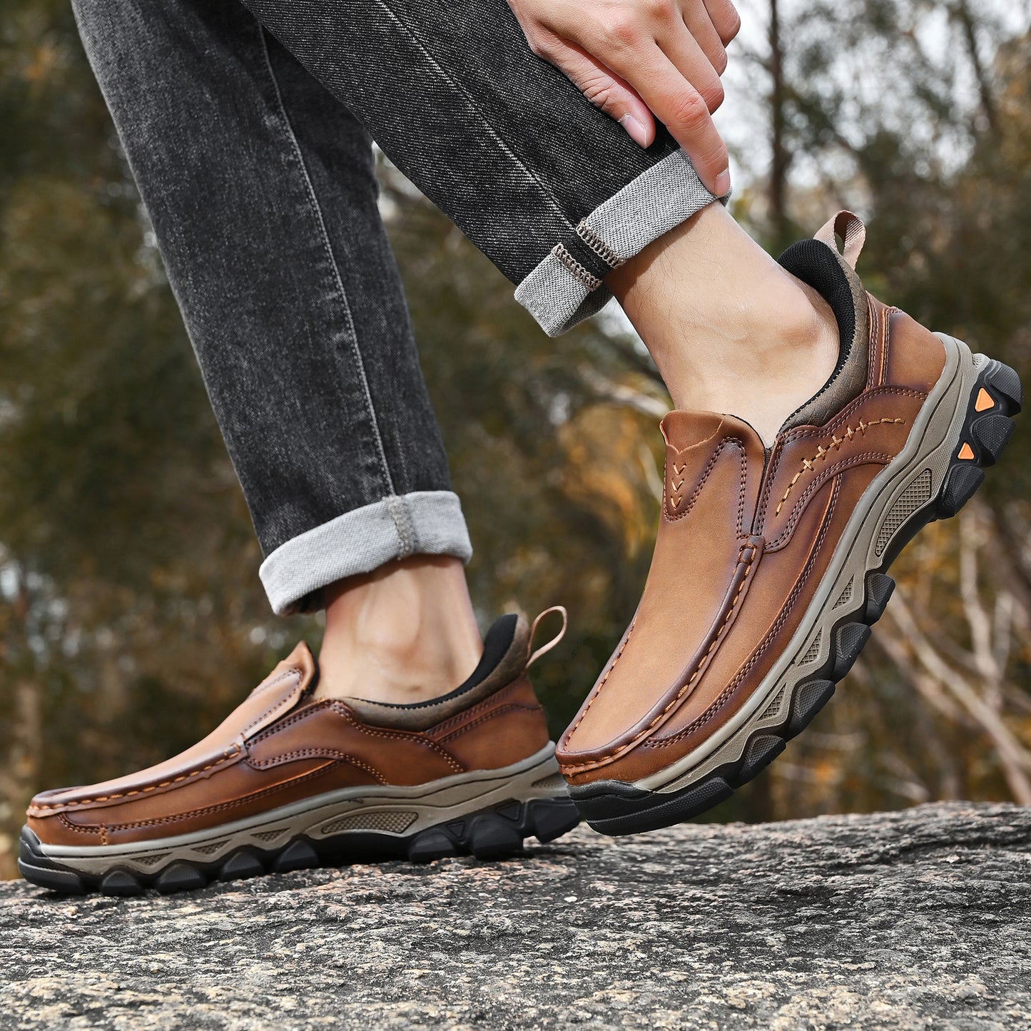 Mostelo® Mens Slip On Casual Outdoor Leather Walking Hiking Shoes V3688