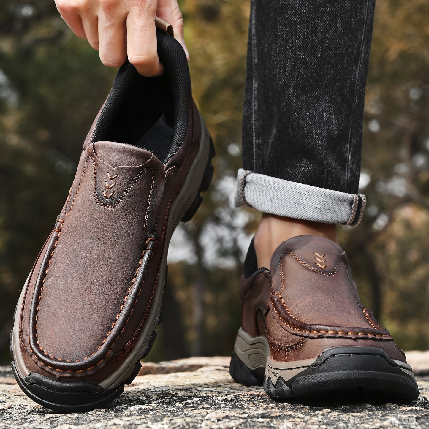 Mostelo® Mens Slip On Casual Outdoor Leather Walking Hiking Shoes V3688