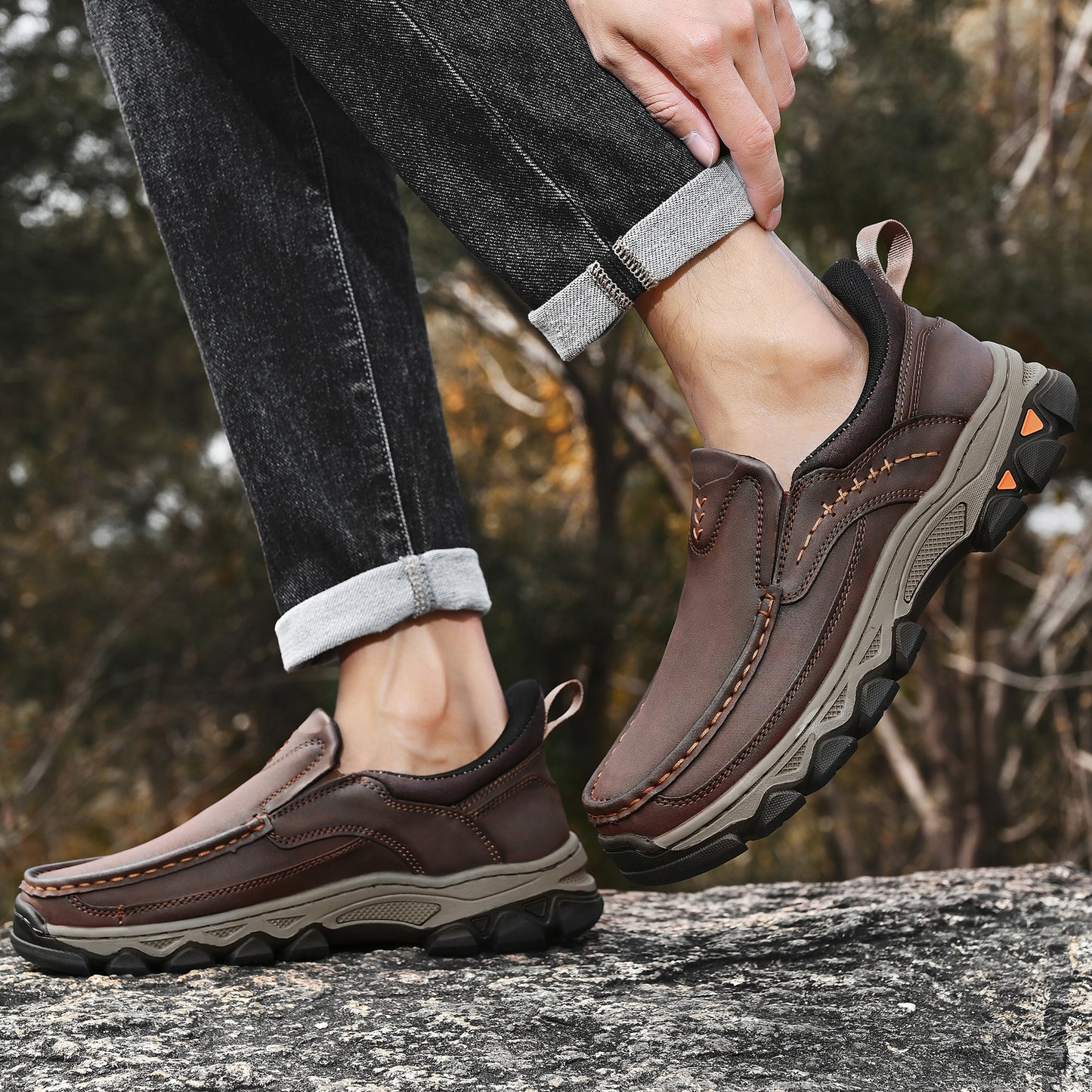 Mostelo® Mens Slip On Casual Outdoor Leather Walking Hiking Shoes V3688
