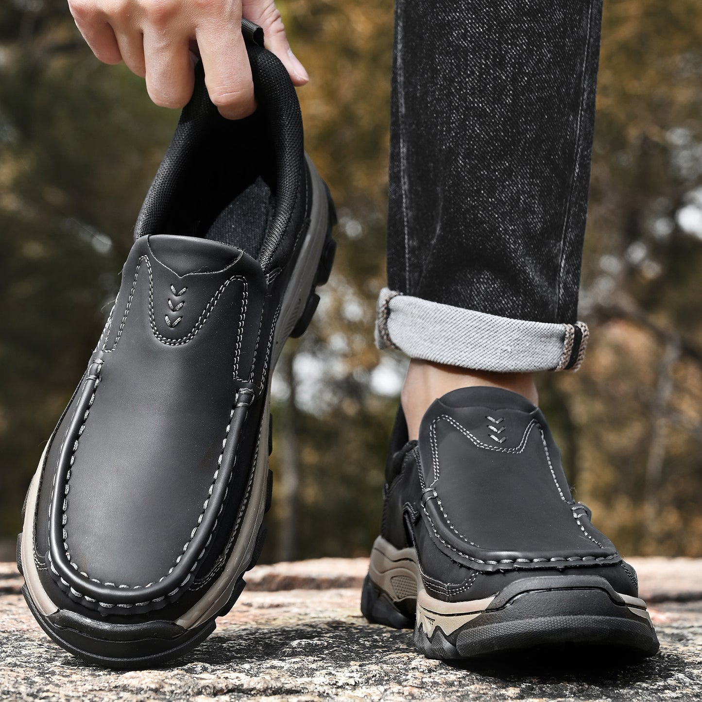 Mostelo® Mens Slip On Casual Outdoor Leather Walking Hiking Shoes V3688