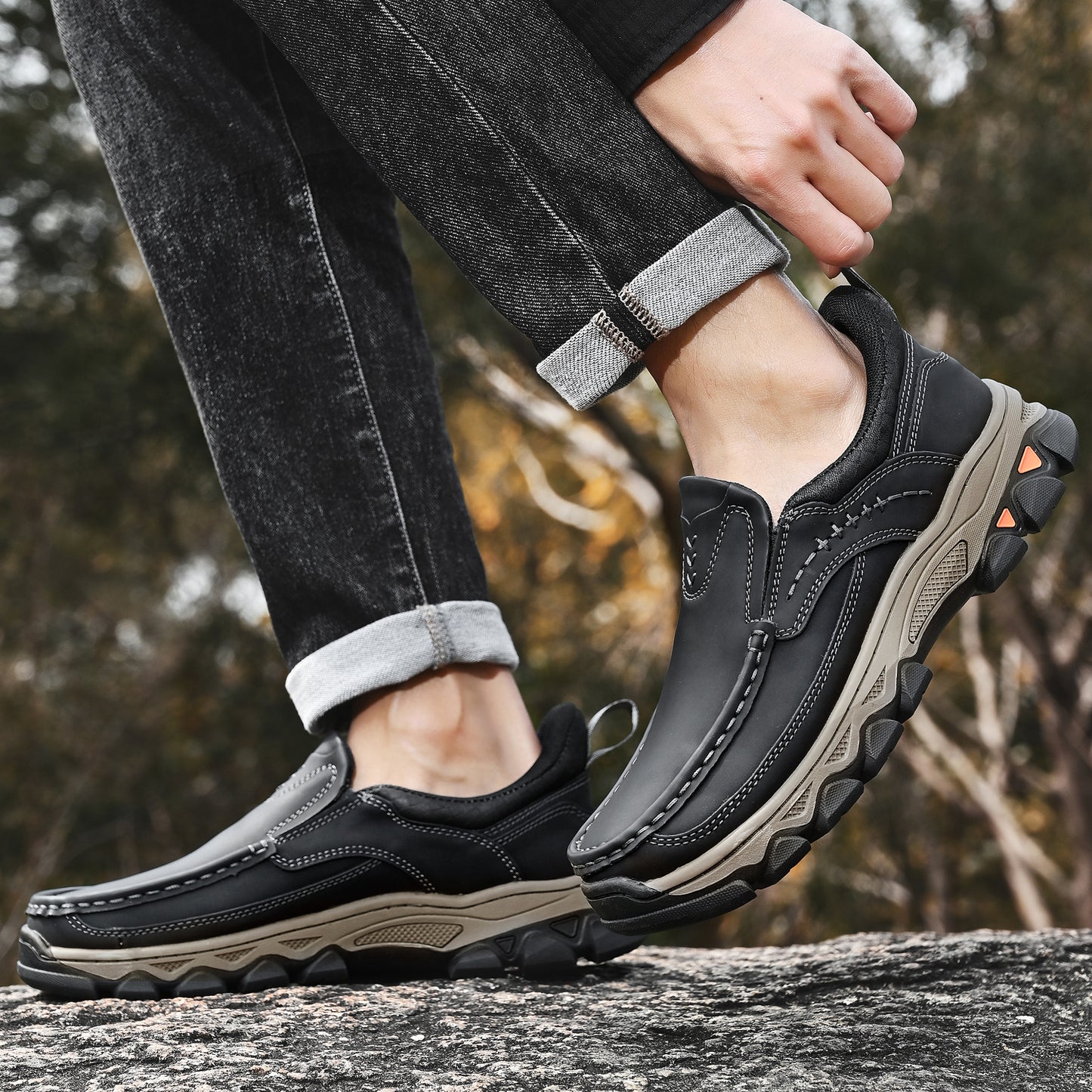 Mostelo® Mens Slip On Casual Outdoor Leather Walking Hiking Shoes V3688
