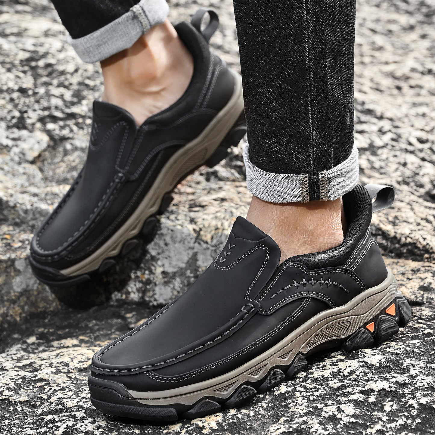 Mostelo® Mens Slip On Casual Outdoor Leather Walking Hiking Shoes V3688