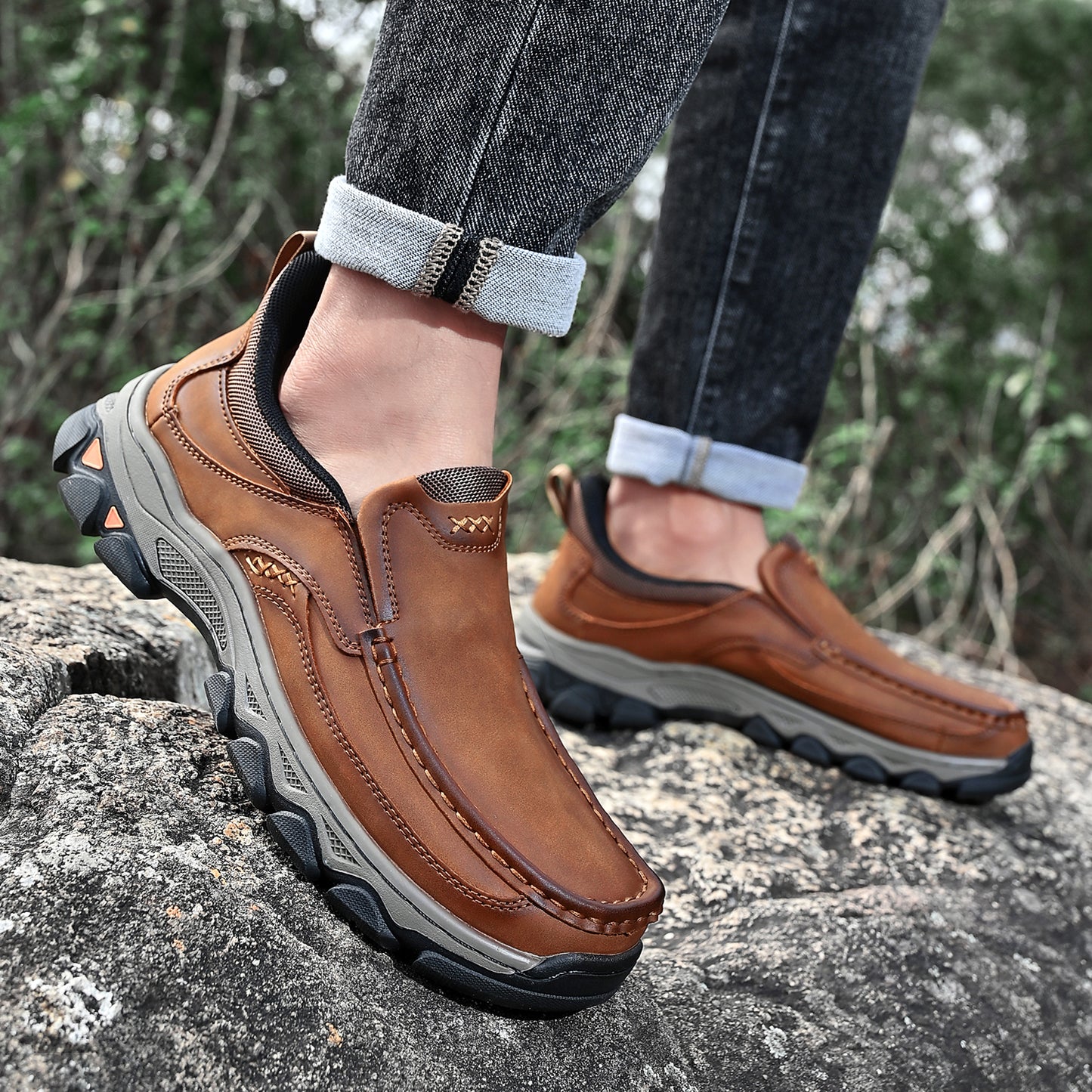 Mostelo® Mens Slip On Casual Outdoor Leather Walking Hiking Shoes V3689