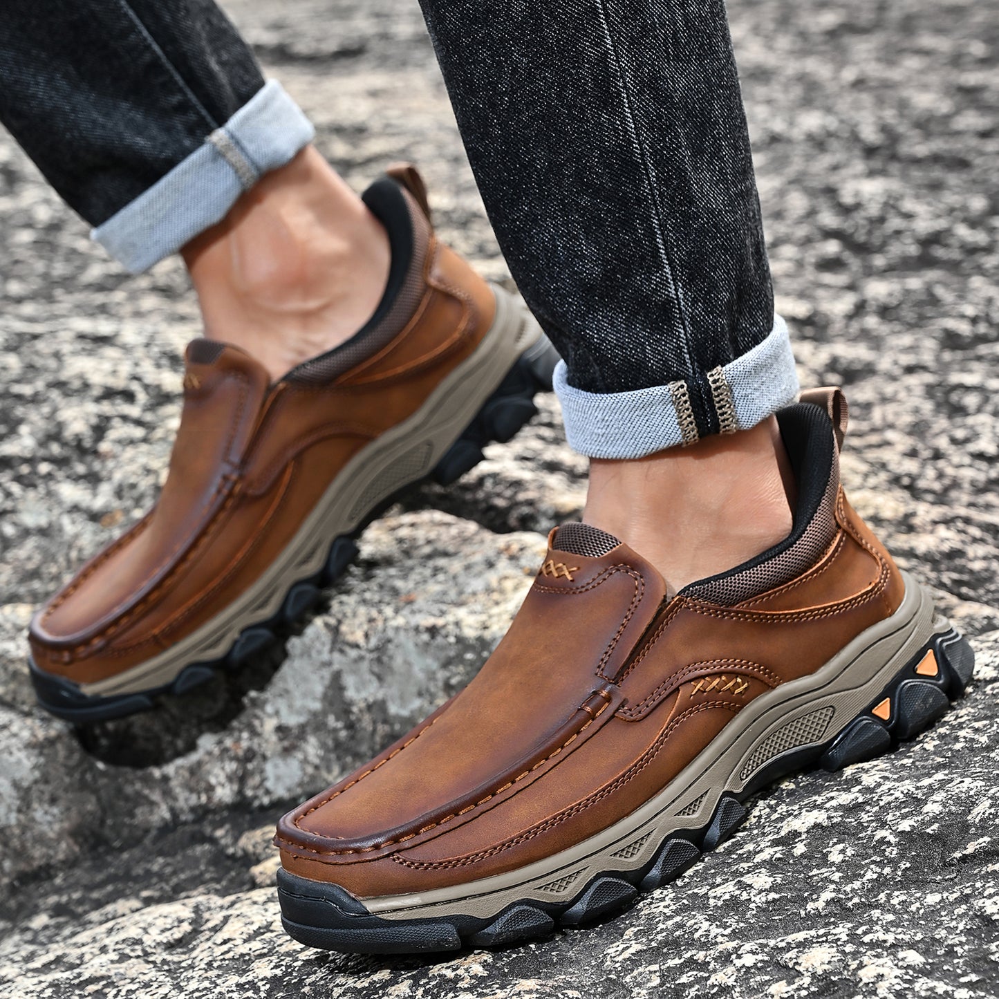 Mostelo® Mens Slip On Casual Outdoor Leather Walking Hiking Shoes V3689