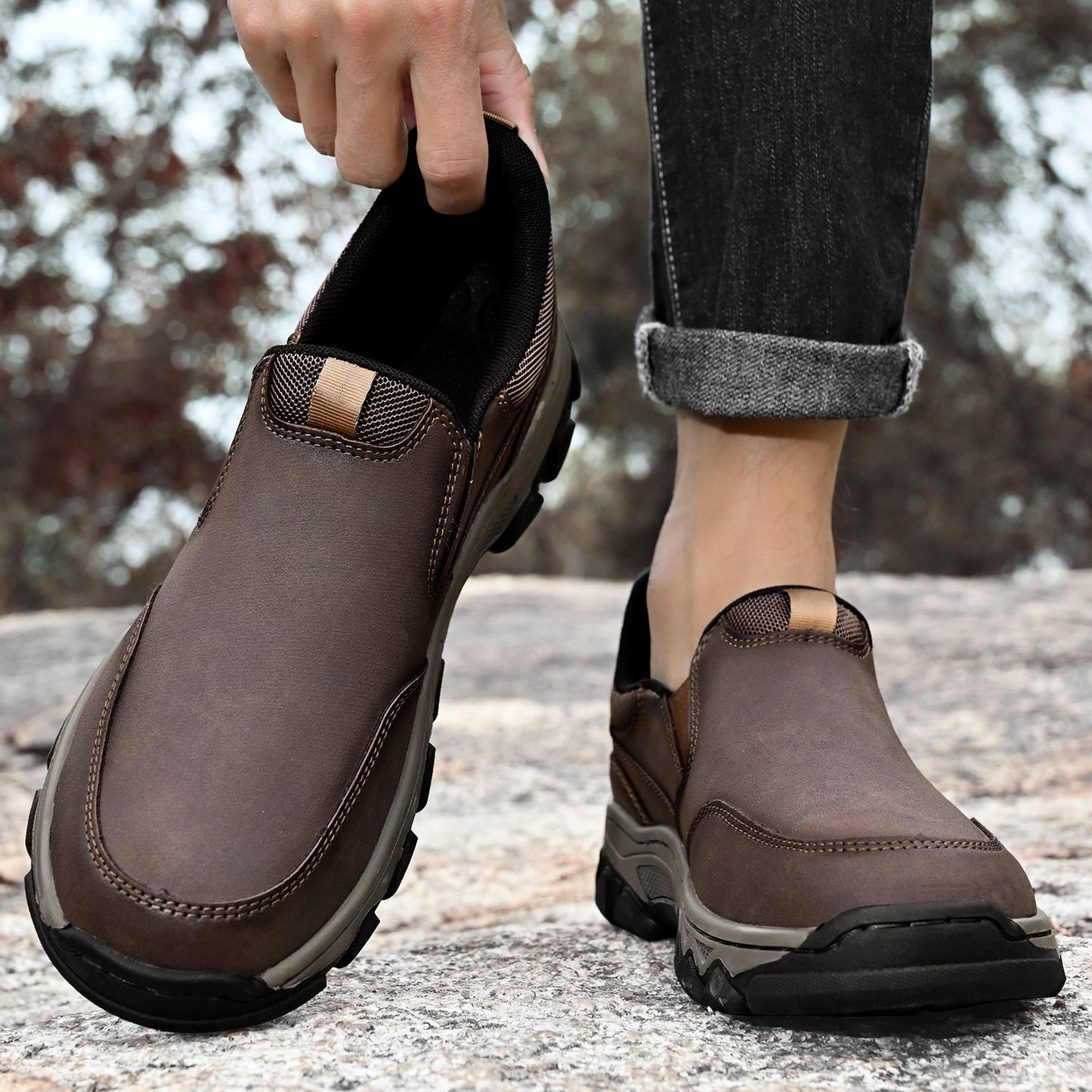 Mostelo® Mens Slip On Casual Outdoor Leather Walking Hiking Shoes V3686