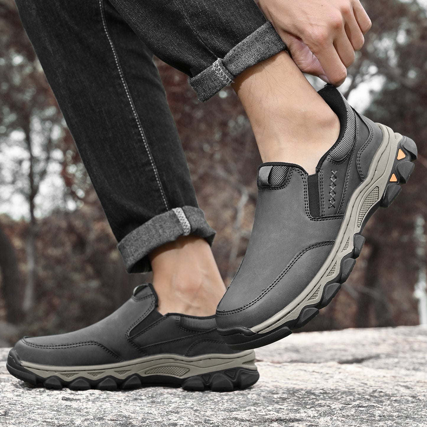 Mostelo® Mens Slip On Casual Outdoor Leather Walking Hiking Shoes V3686