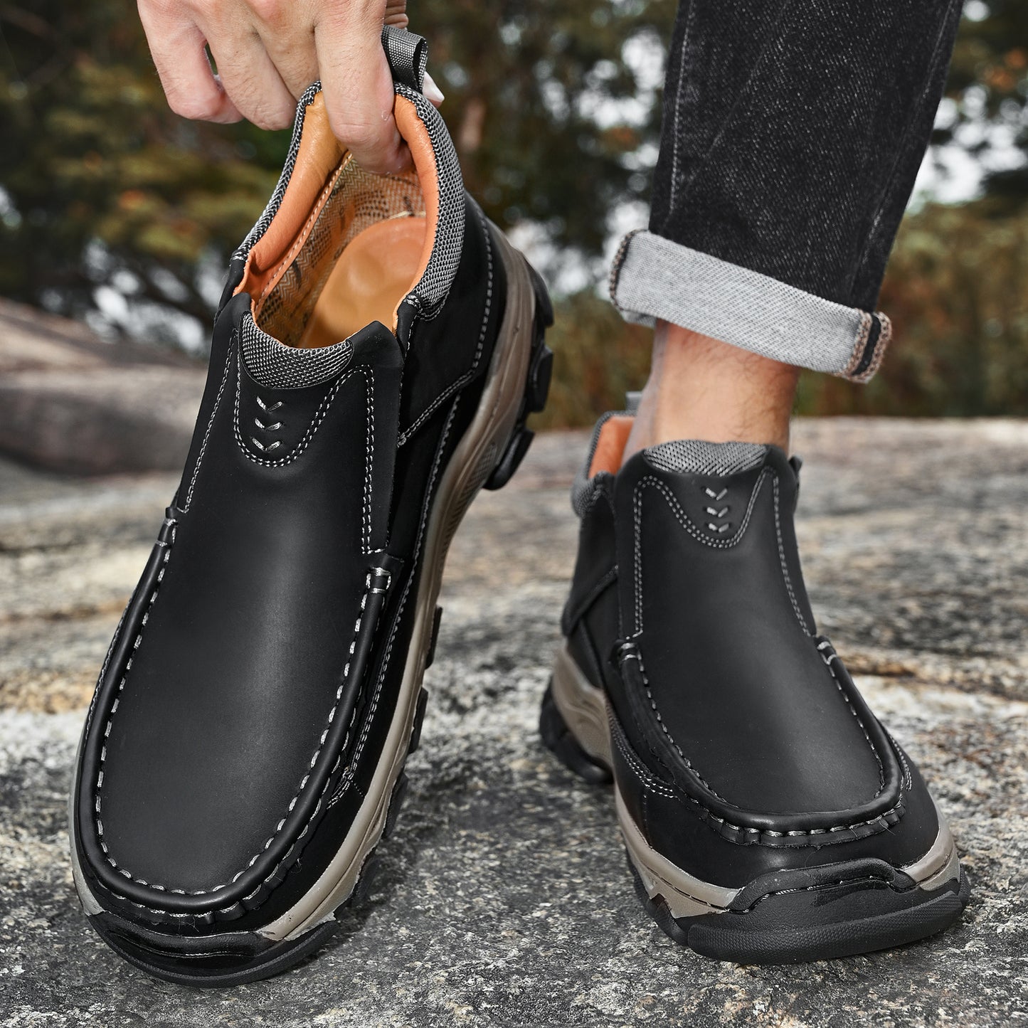Mostelo® Mens Slip On Casual Outdoor Leather Walking Hiking Shoes 3770