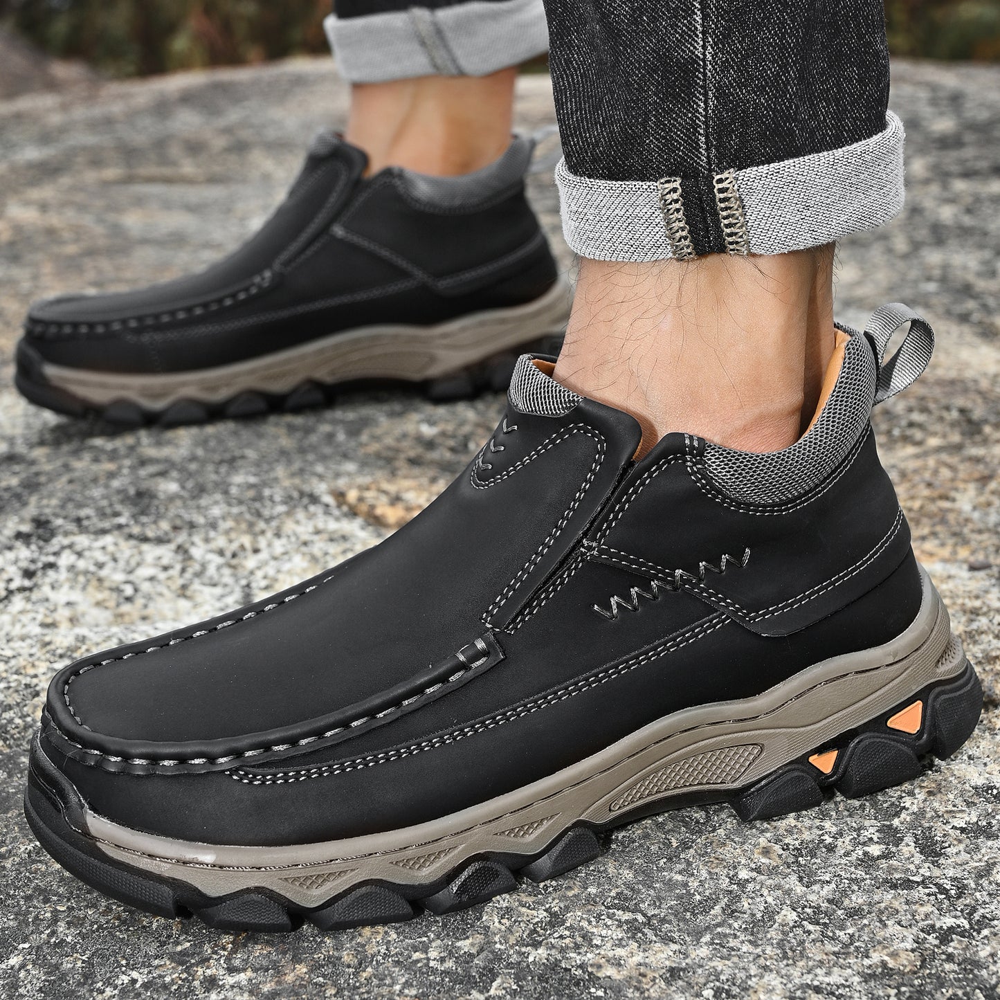 Mostelo® Mens Slip On Casual Outdoor Leather Walking Hiking Shoes 3770