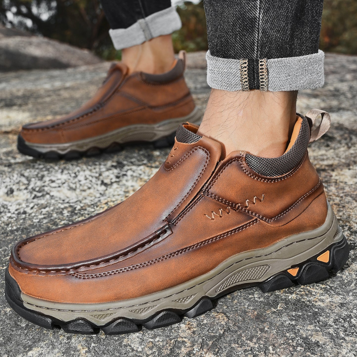 Mostelo® Mens Slip On Casual Outdoor Leather Walking Hiking Shoes 3770