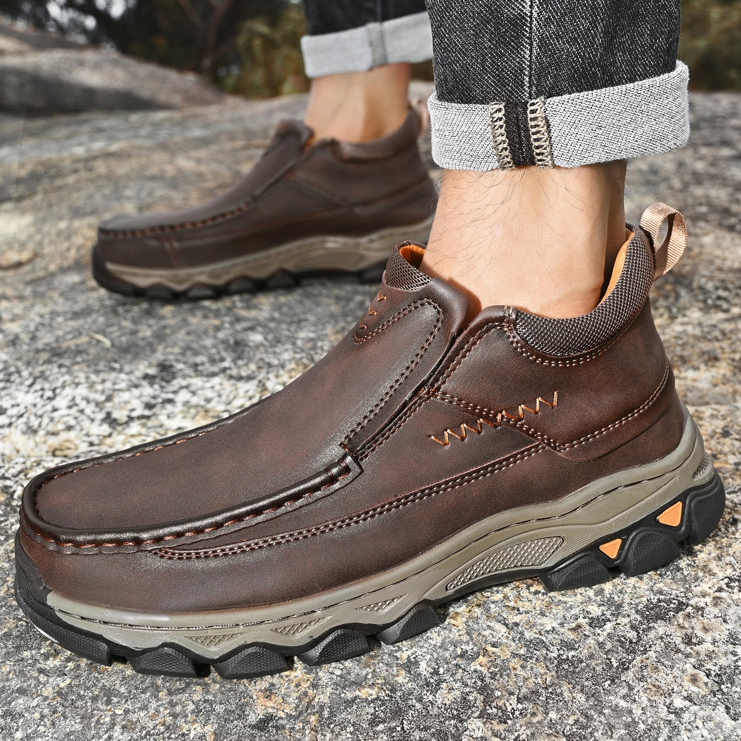 Mostelo® Mens Slip On Casual Outdoor Leather Walking Hiking Shoes 3770