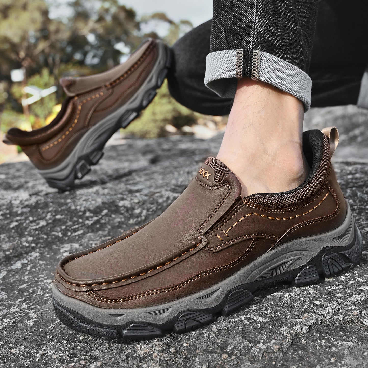 Mostelo® Mens Slip On Casual Outdoor Leather Walking Hiking Shoes V3672/V3673