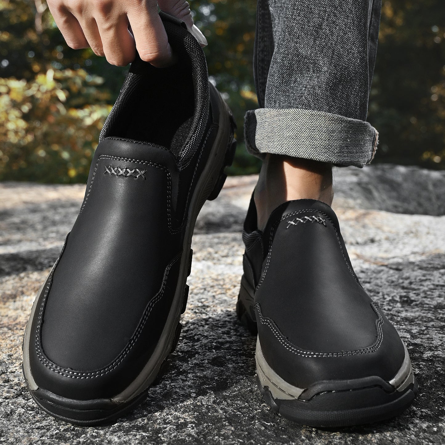 Mostelo® Mens Slip On Casual Outdoor Leather Walking Hiking Shoes V3382/V3699