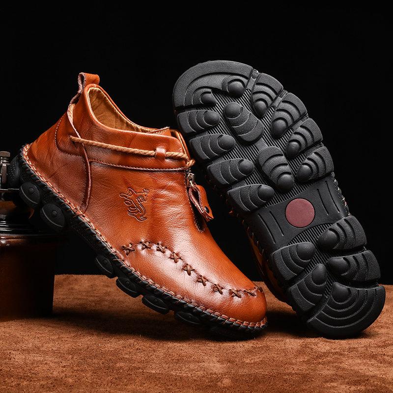 Mostelo Men’s Casual Hand Stitching Genuine Leather Snow Shoes Ankle Boots