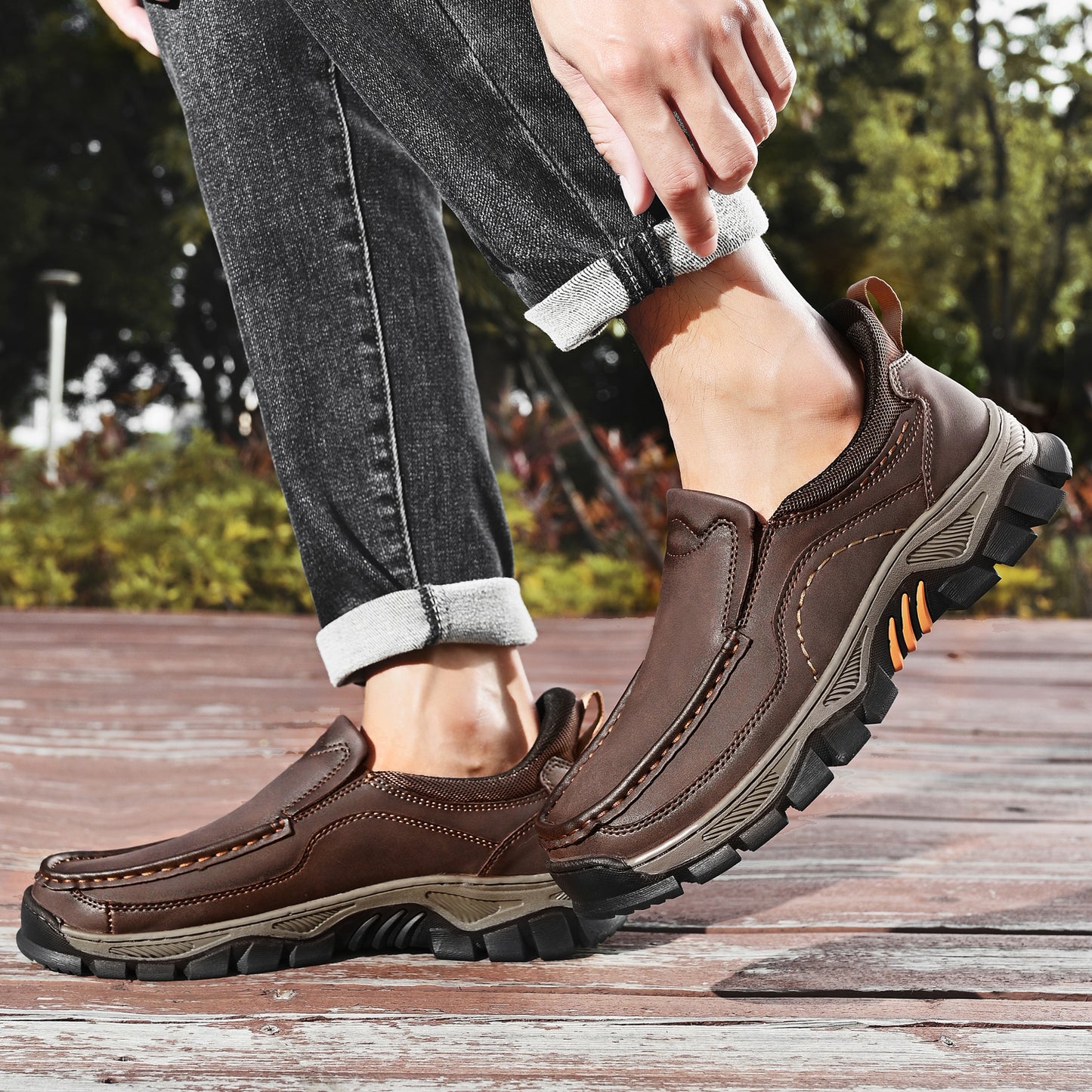 Mostelo® Mens Slip On Casual Outdoor Leather Walking Hiking Shoes V3672/V3673