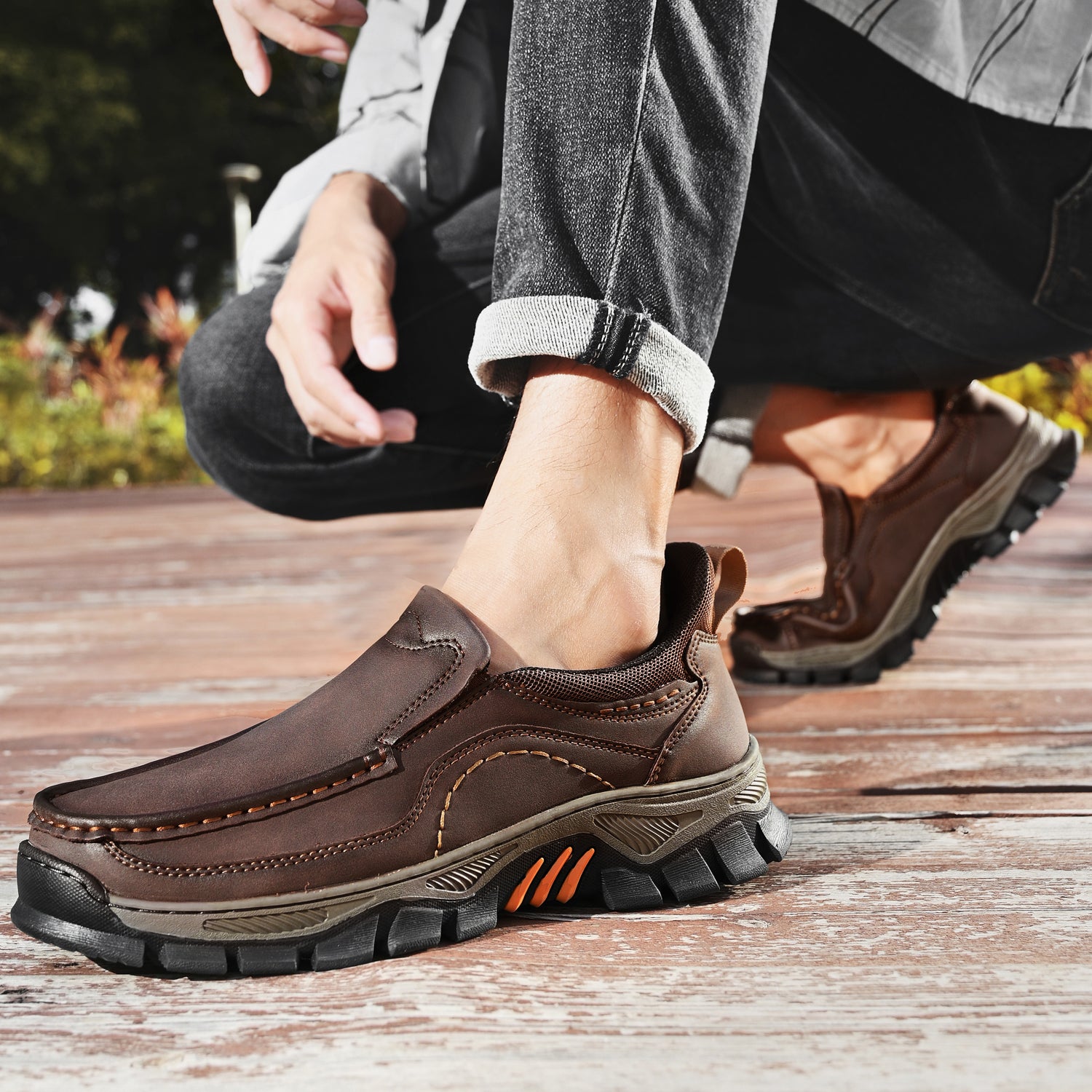 Mostelo® Mens Slip On Casual Outdoor Leather Walking Hiking Shoes V3672/V3673