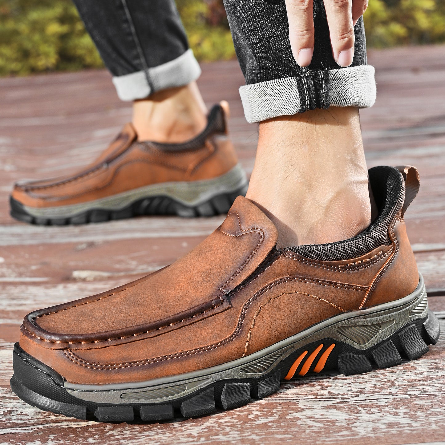 Mostelo® Mens Slip On Casual Outdoor Leather Walking Hiking Shoes V3672/V3673