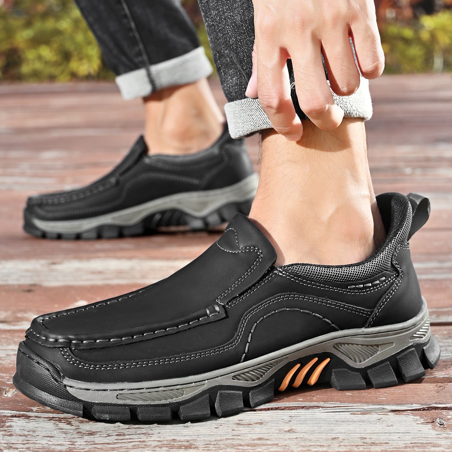 Mostelo® Mens Slip On Casual Outdoor Leather Walking Hiking Shoes V3672/V3673