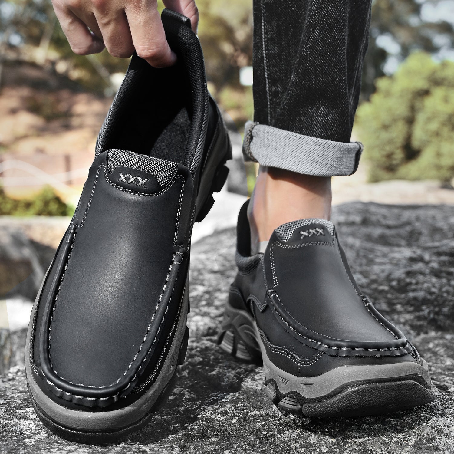 Mostelo® Mens Slip On Casual Outdoor Leather Walking Hiking Shoes V3672/V3673