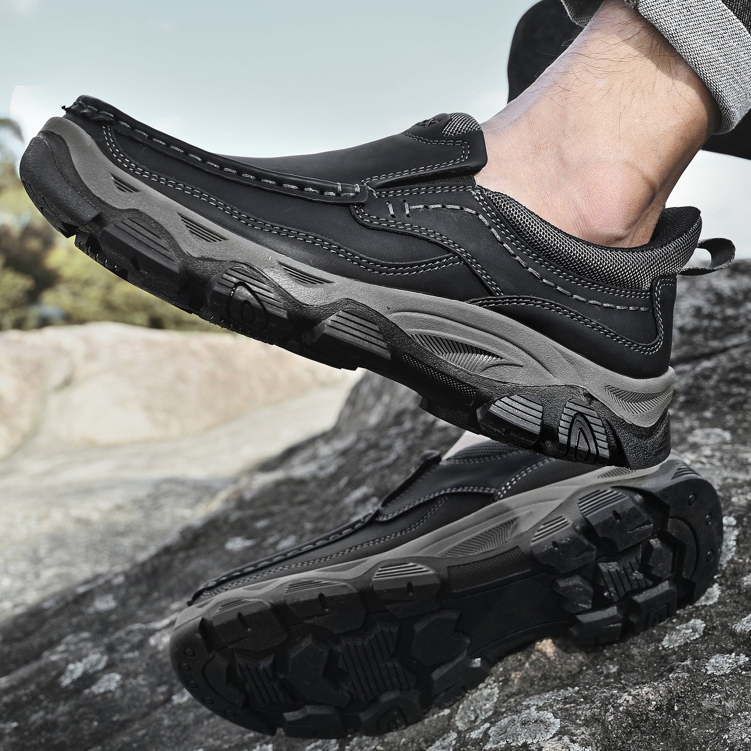 Mostelo® Mens Slip On Casual Outdoor Leather Walking Hiking Shoes V3672/V3673