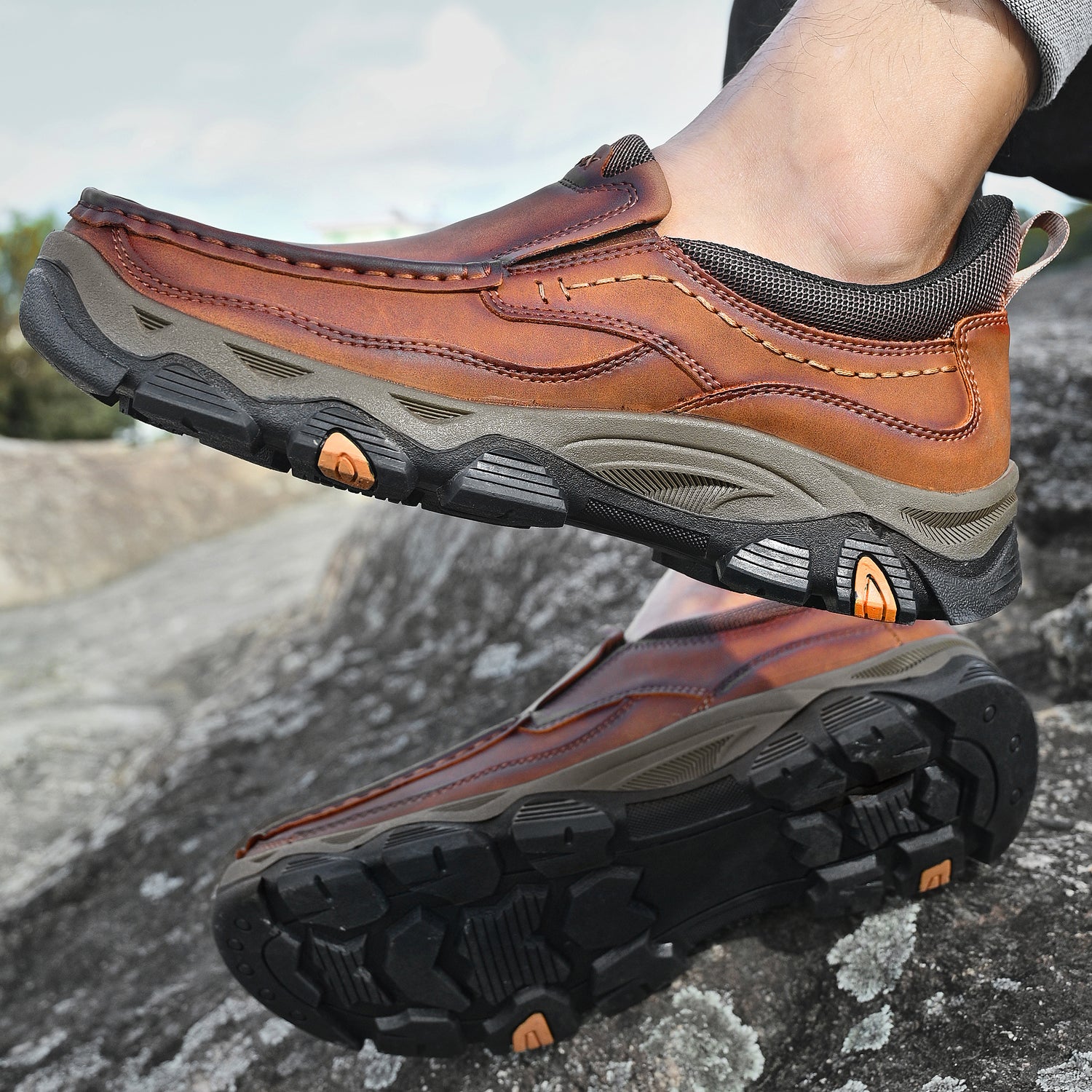 Mostelo® Mens Slip On Casual Outdoor Leather Walking Hiking Shoes V3672/V3673