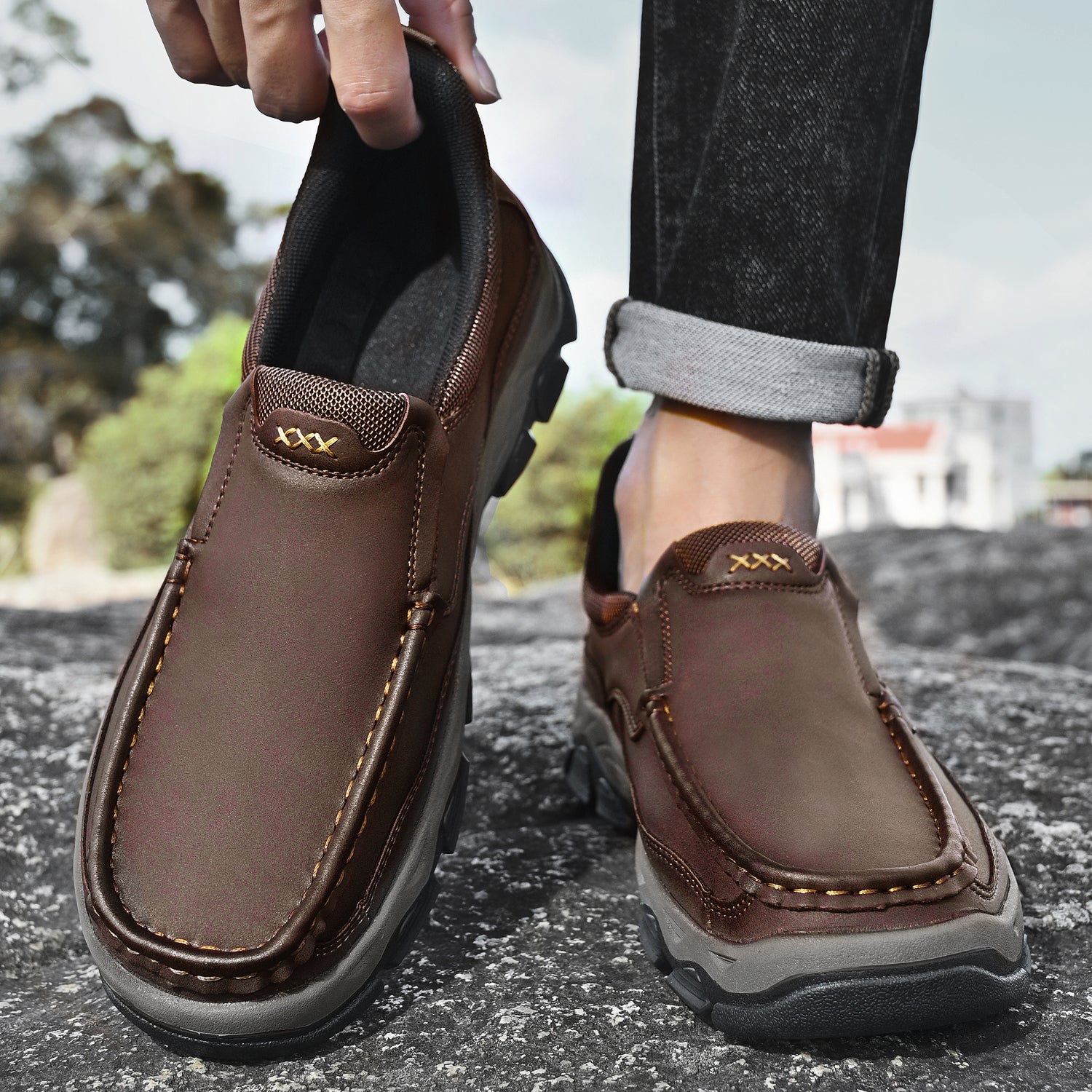 Mostelo® Mens Slip On Casual Outdoor Leather Walking Hiking Shoes V3672/V3673