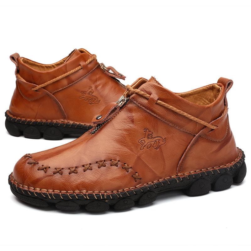 Mostelo Men’s Casual Hand Stitching Genuine Leather Snow Shoes Ankle Boots