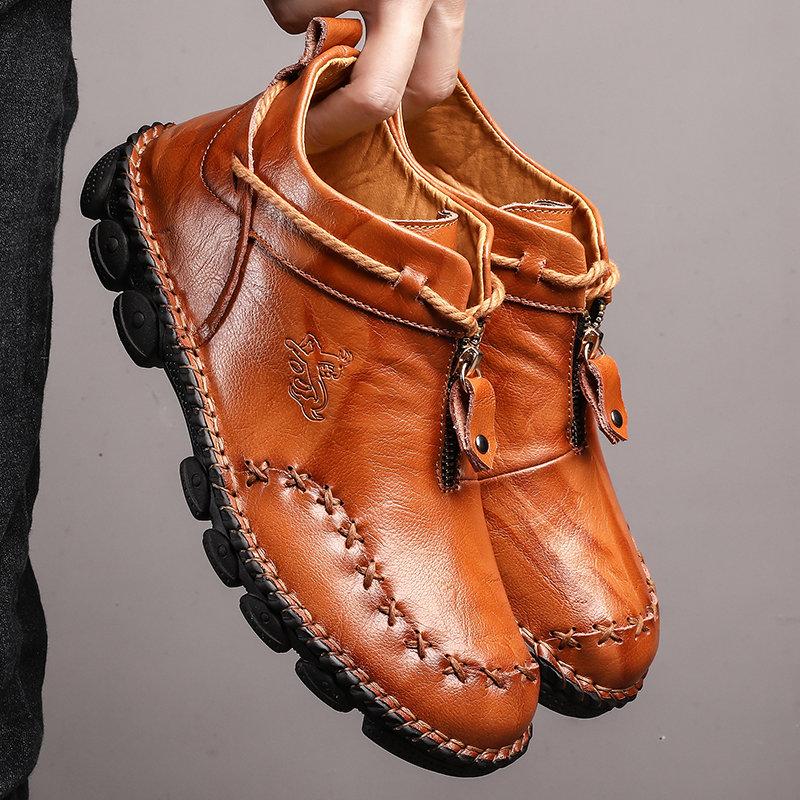Mostelo Men’s Casual Hand Stitching Genuine Leather Snow Shoes Ankle Boots
