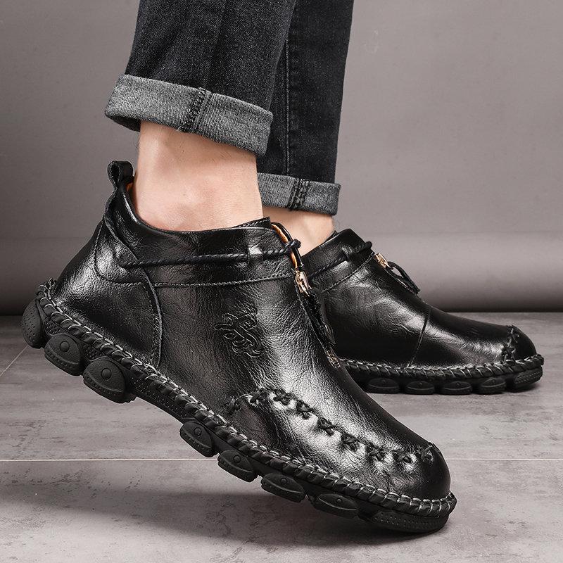 Mostelo Men’s Casual Hand Stitching Genuine Leather Snow Shoes Ankle Boots