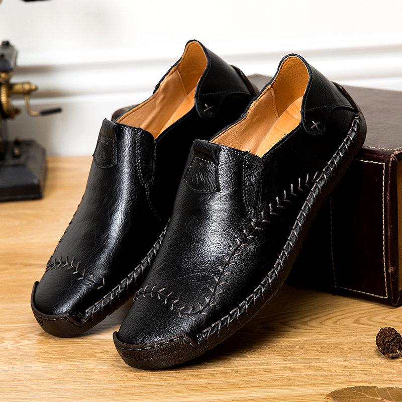 Men Hand Stitching Non Slip Large Size Soft Sole Casual Leather Shoes