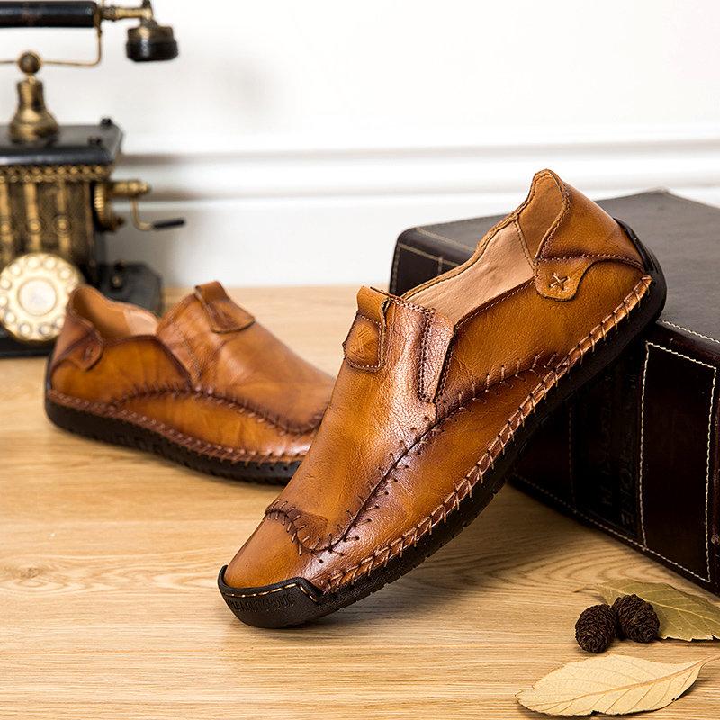 Men Hand Stitching Non Slip Large Size Soft Sole Casual Leather Shoes