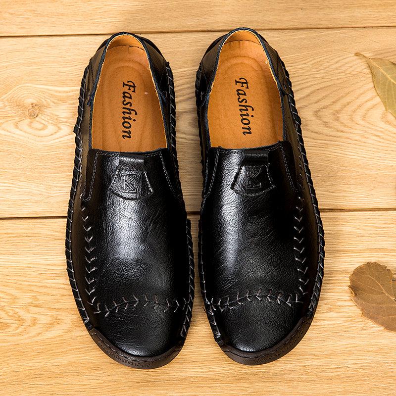 Men Hand Stitching Non Slip Large Size Soft Sole Casual Leather Shoes