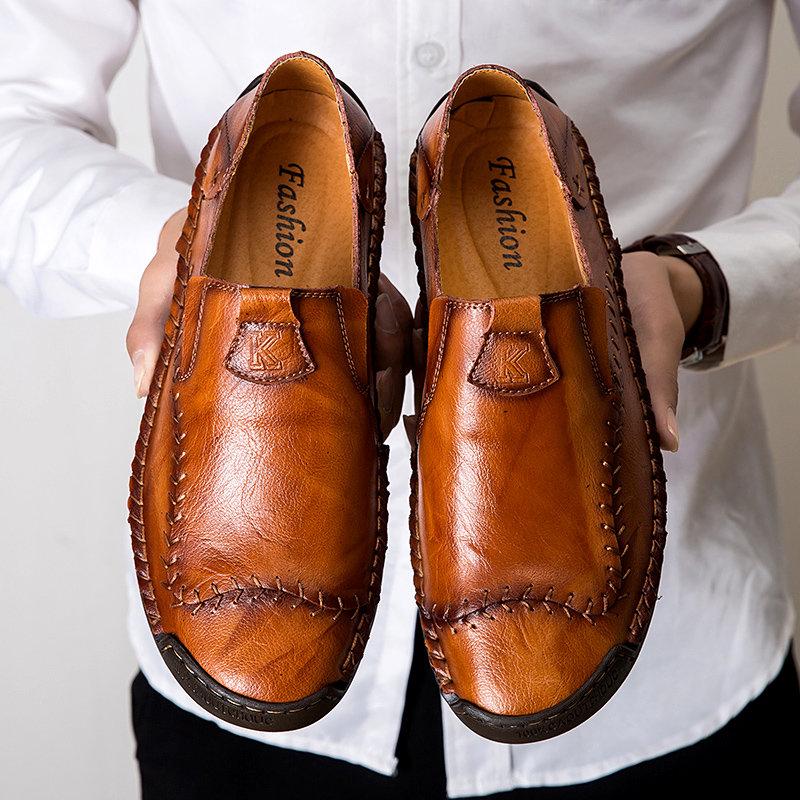 Men Hand Stitching Non Slip Large Size Soft Sole Casual Leather Shoes