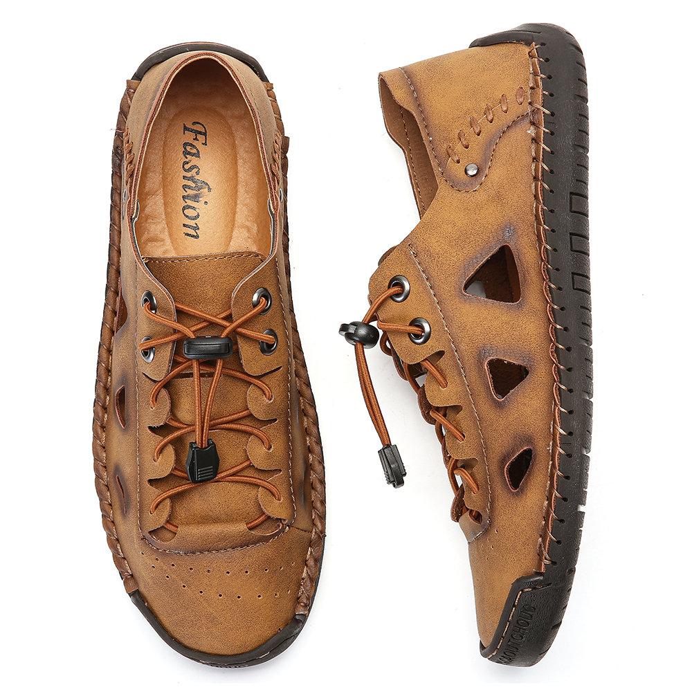 Men's Hand Stitching Non Slip Hollow Out Soft Sole Casual Leather Sandals