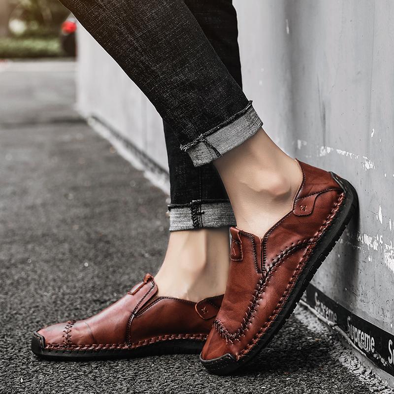Men Hand Stitching Non Slip Large Size Soft Sole Casual Leather Shoes