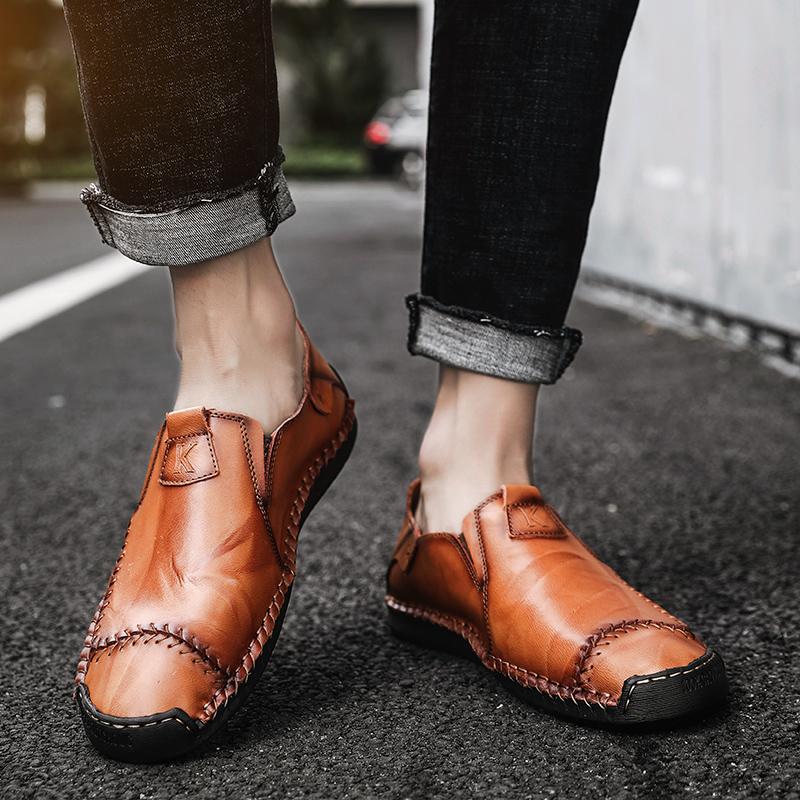 Men Hand Stitching Non Slip Large Size Soft Sole Casual Leather Shoes