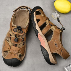 Mostelo  Men's Sandals Arch Support Casual Genuine Leather Summer Outdoor Beach Fisherman Sandals for Men