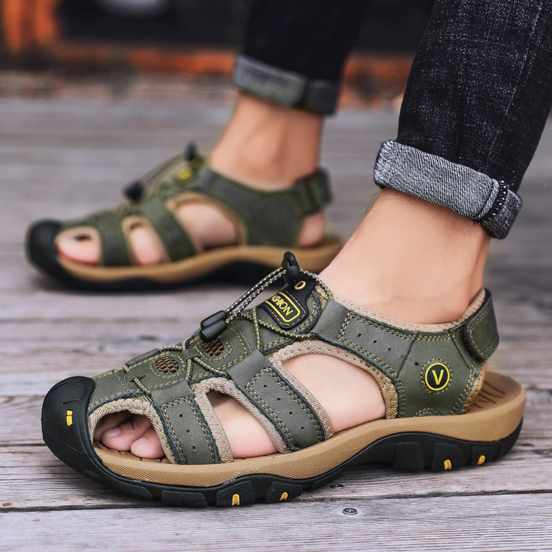 Sports Outdoor Sandals Summer Men's Beach Shoes Closed-Toe Shoes Leather Casual Trekking Walking Hiking Touch Close Strap Sandals for Men